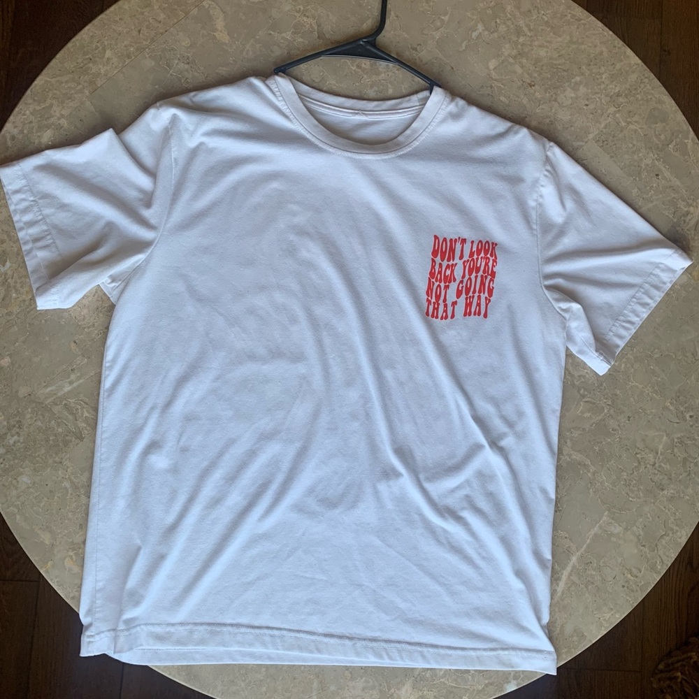 White Graphic T-Shirt with Red Text